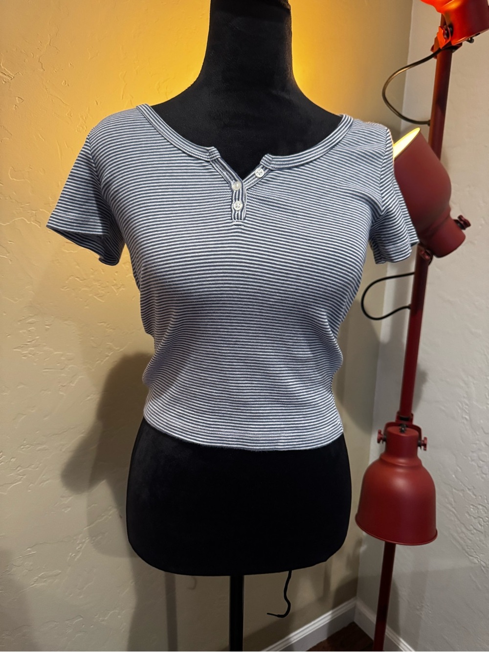 Brandy Melville Blue and White Striped Henley Crop Tee